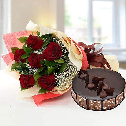 Red Rose Bunch & Chocolate Cake